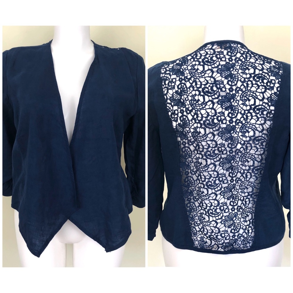 NWT Chico's Linen Lace Back Indigo Cardigan Lightweight L